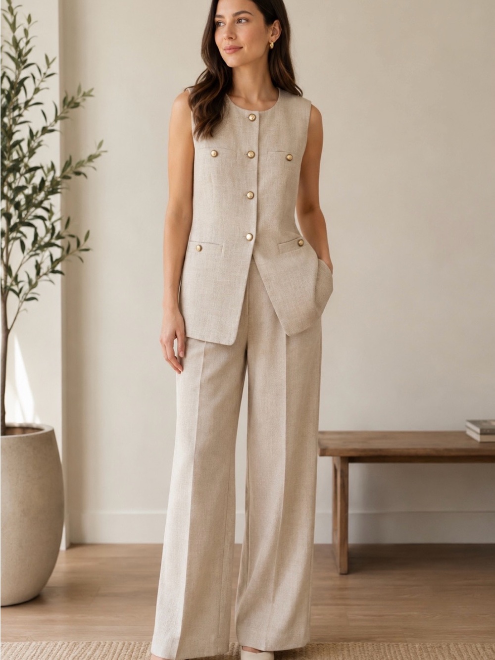 Rachel Zoe Beige Linen Blend Tailored Vest Gold Button Sleeveless Blazer